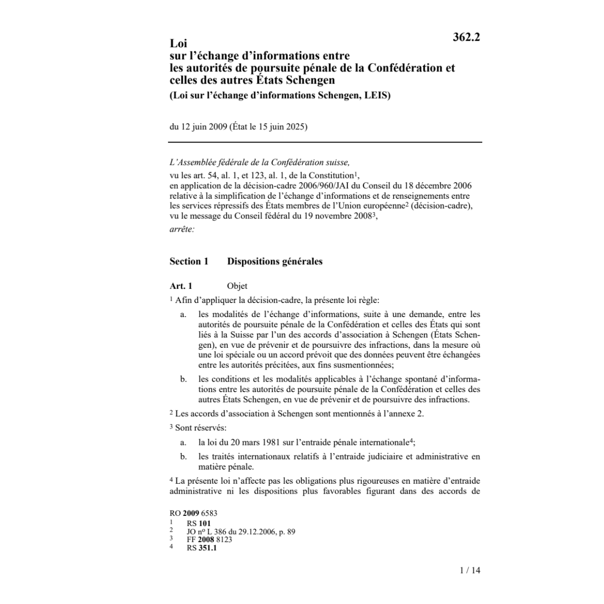 Loi l'échange informations Schengen,LEIS