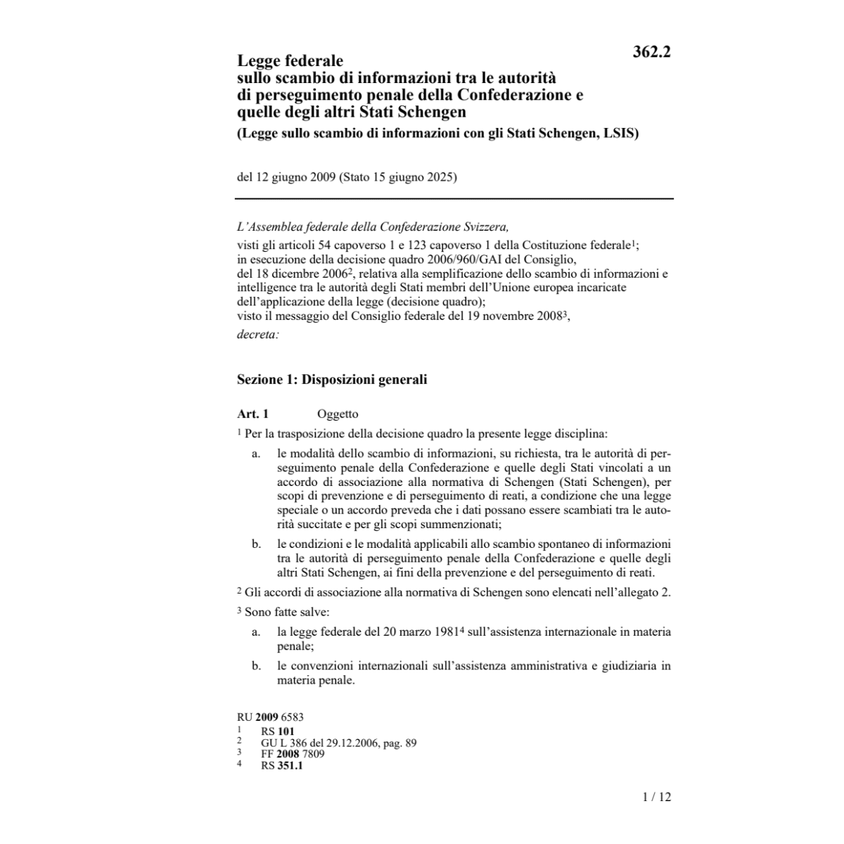 Legge scambio Stati Schengen LSIS