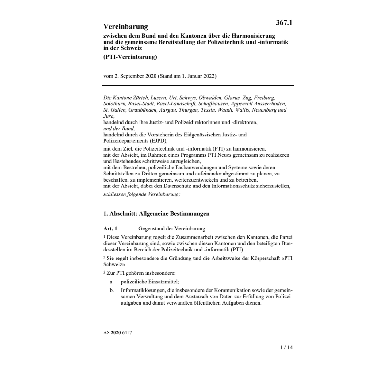 Vereinbarung Bund und Kantonen (PTI)