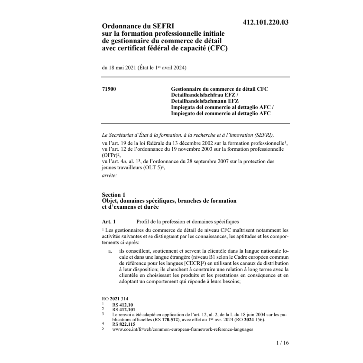 O OFFT gestionnaire commerce dét. (CFC)