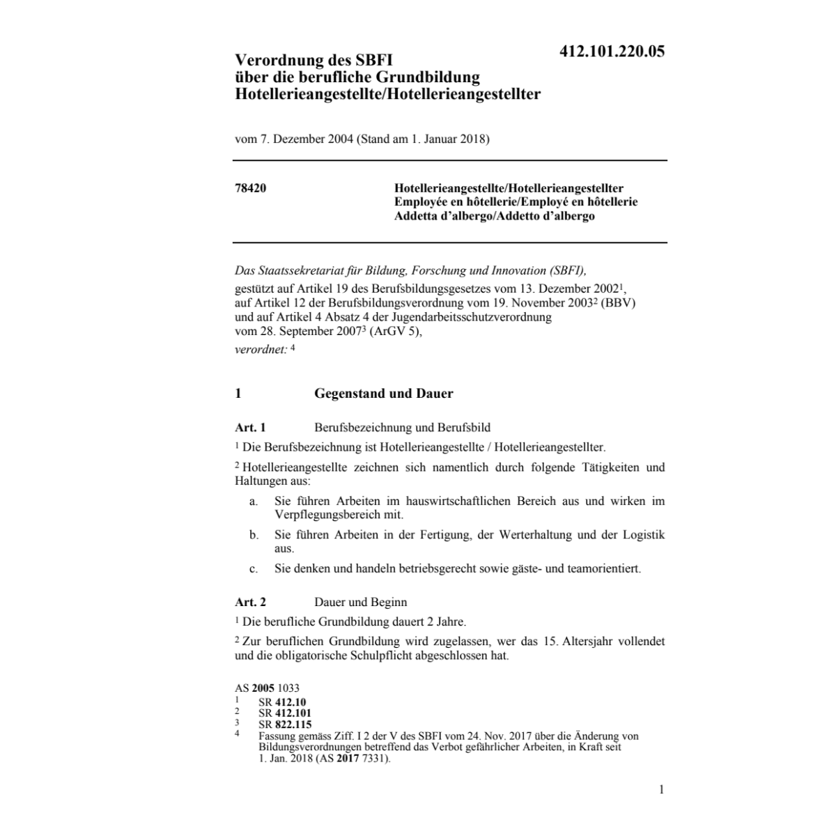 V BBT Hotellerieangestellter/te