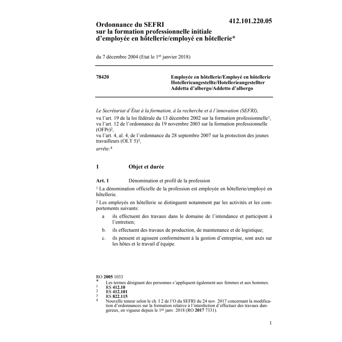 O OFFT employée/employé en hôtellerie