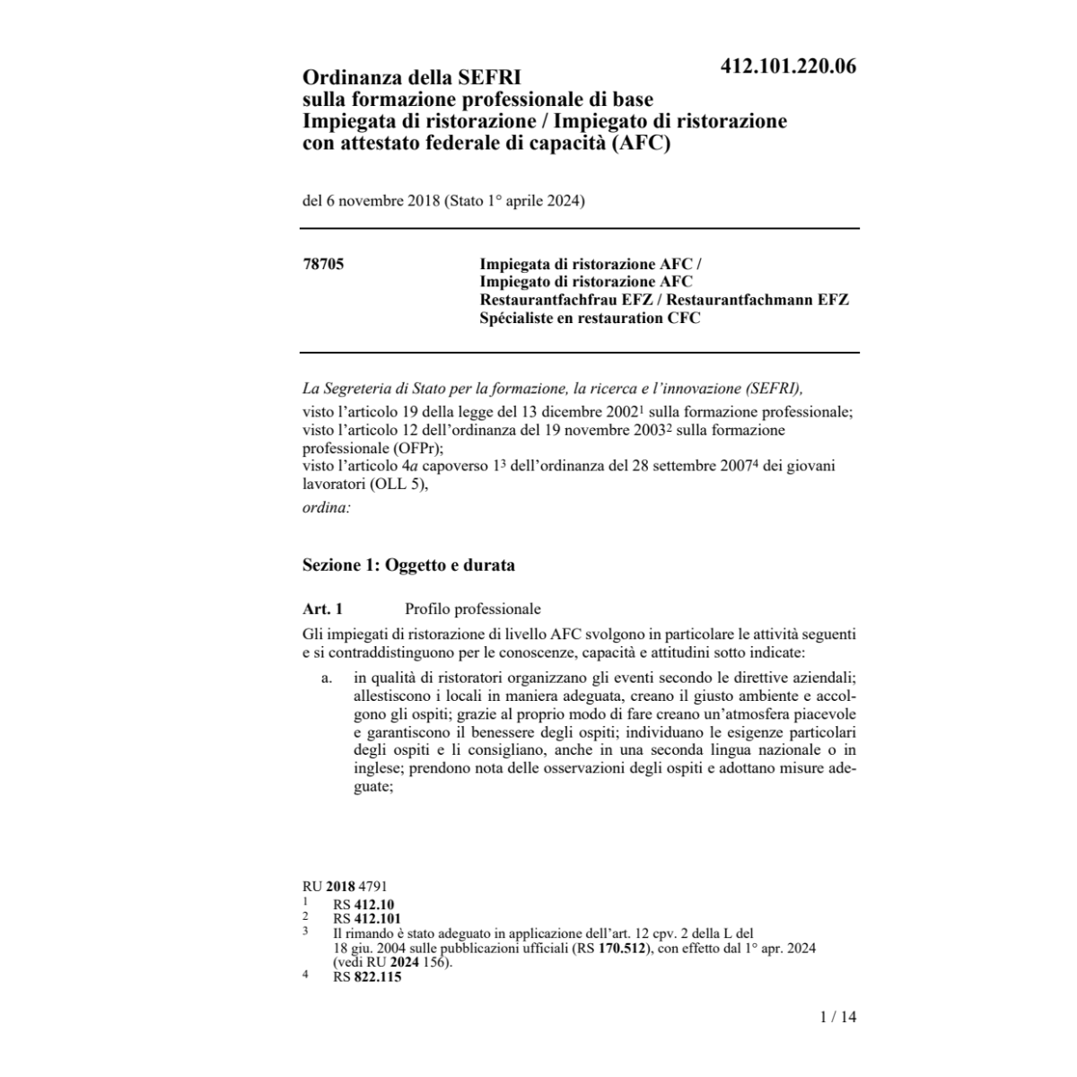 O UFFT Impiegata/Impiegato ristorazione
