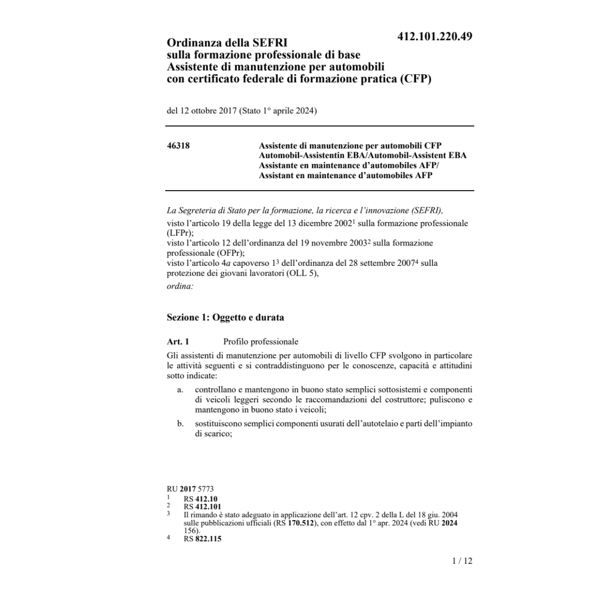 O manutenzione per automobili CFP