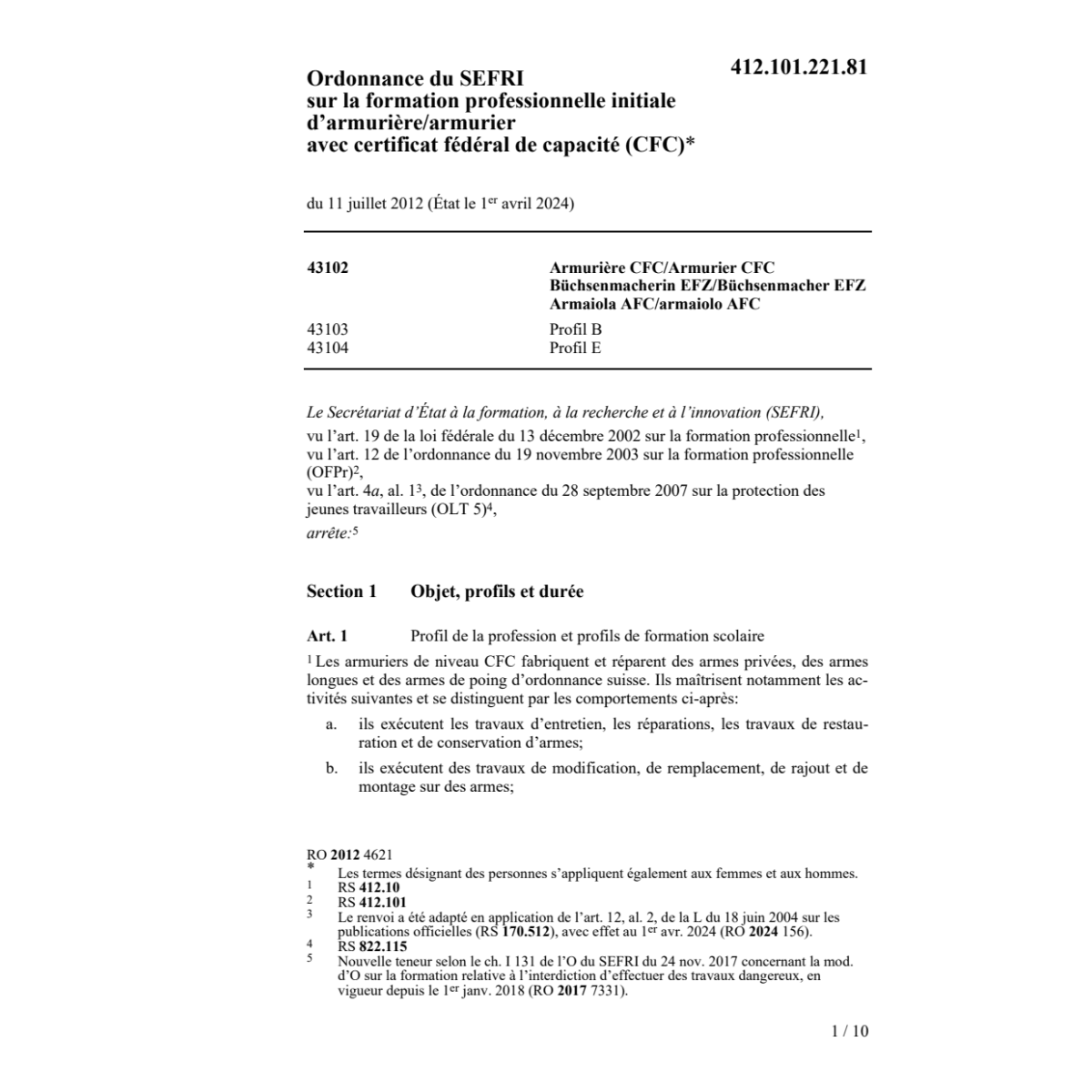O SEFRI d'armurière/armurier CFC