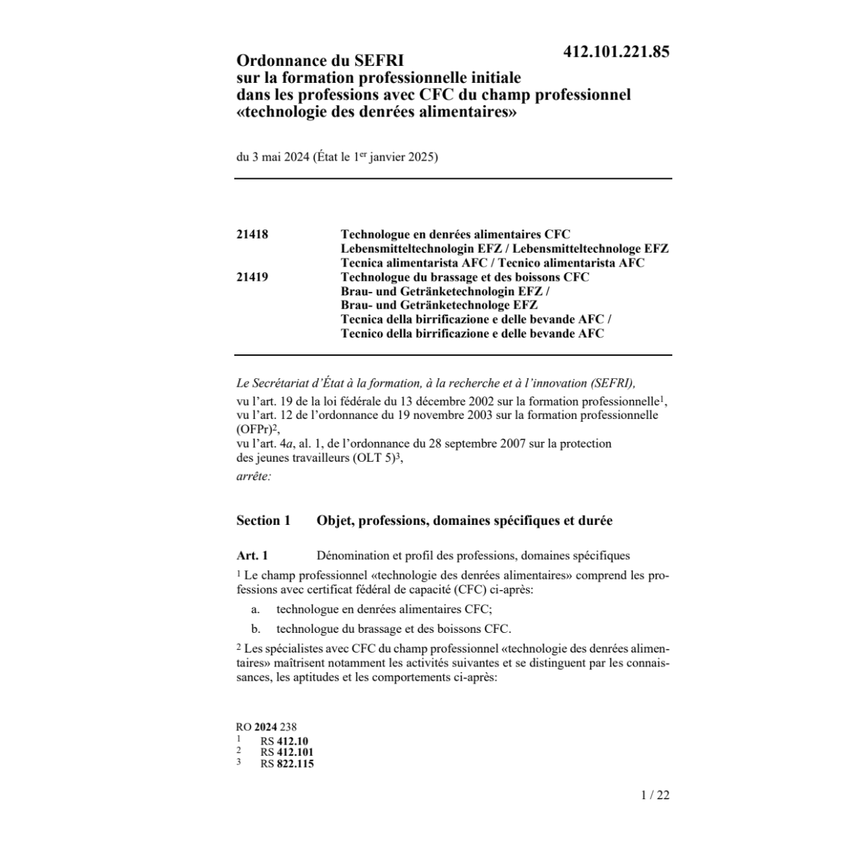 O SEFRI technologue denrées alim. CFC