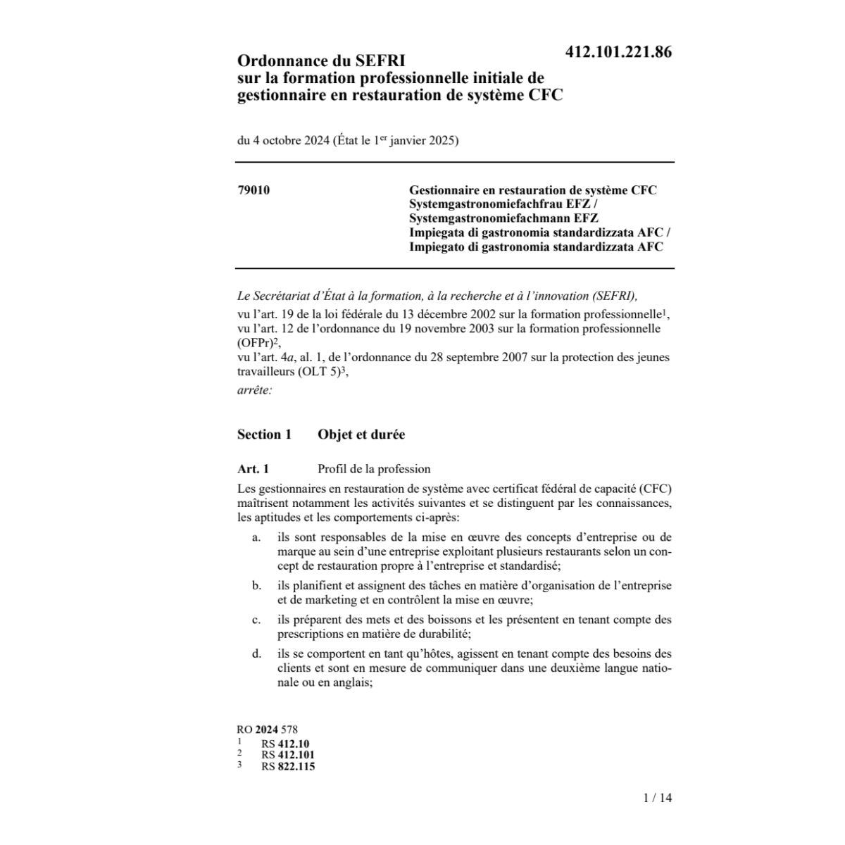 O SEFRI spécial. restauration syst. CFC