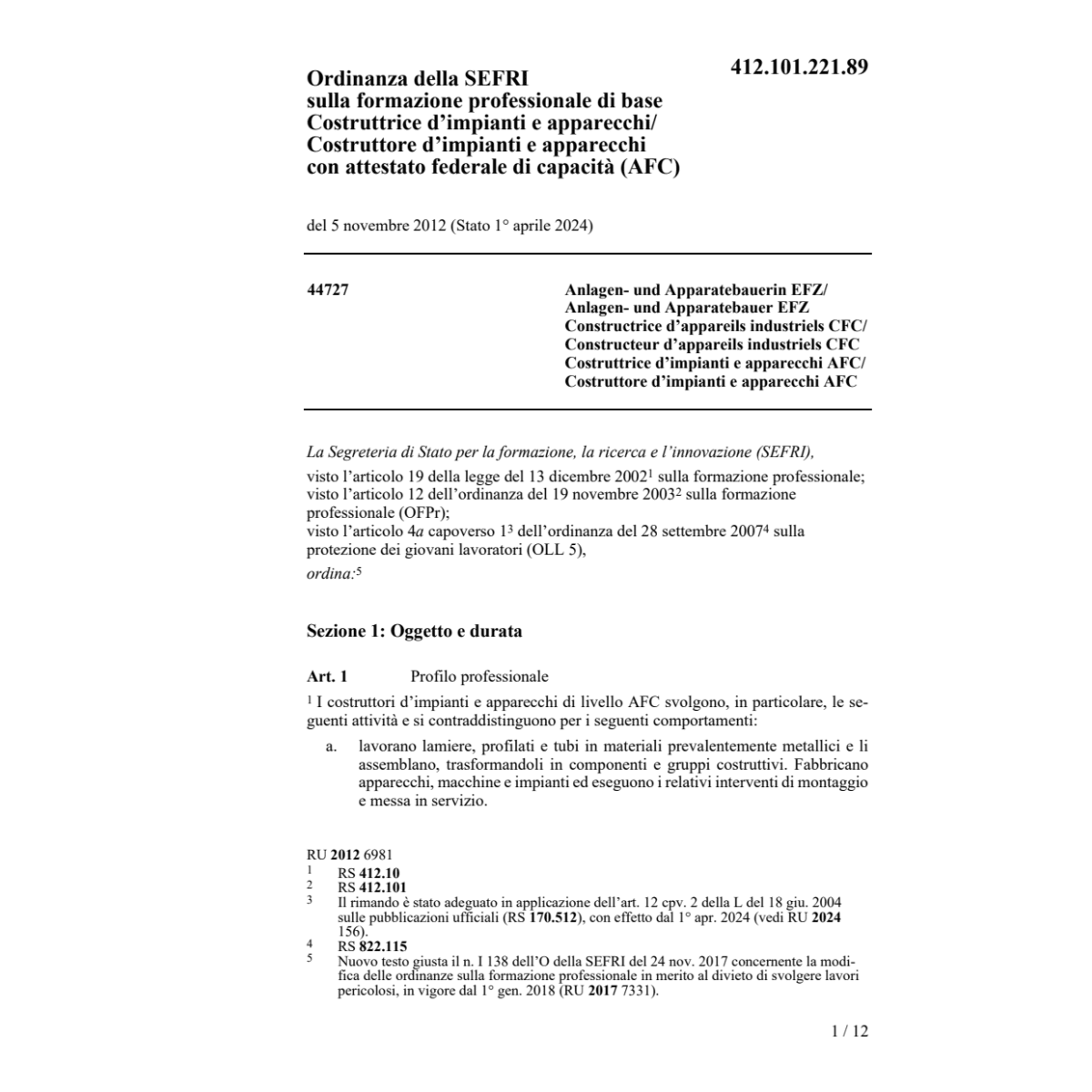 O SEFRI Costruttore impianti appar. AFC