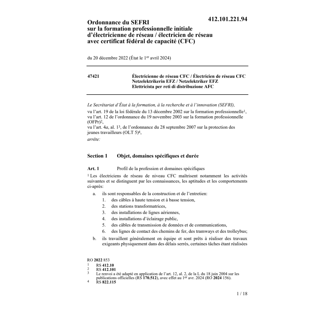 O SEFRI électricienne/ien de réseau CFC