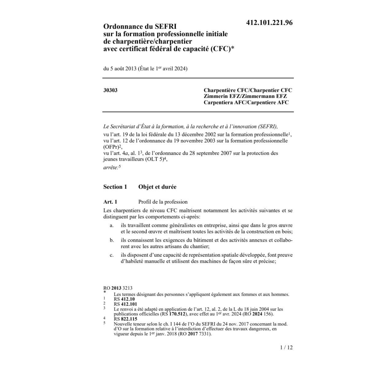 O SEFRI charpentière/charpentier CFC