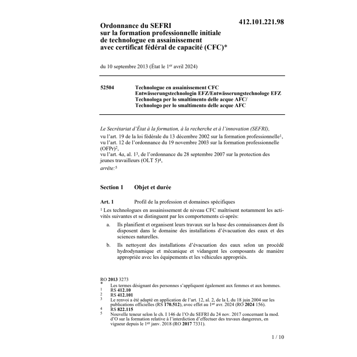O SEFRI technologue assainissement CFC
