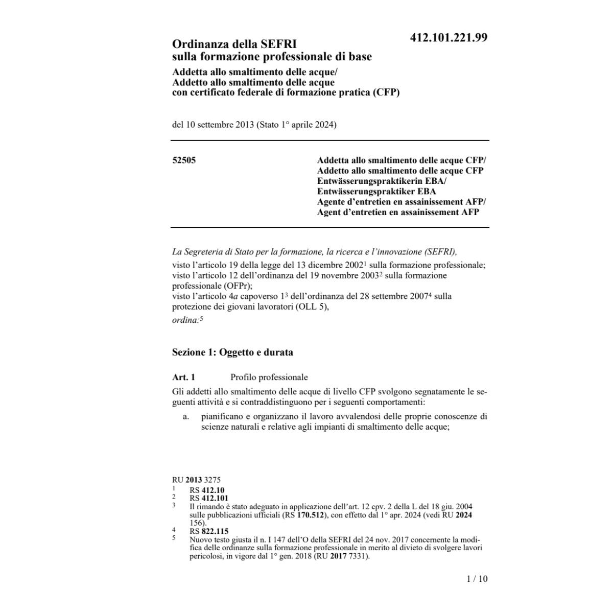 O SEFRI Addetta/o smaltimento acque CFP