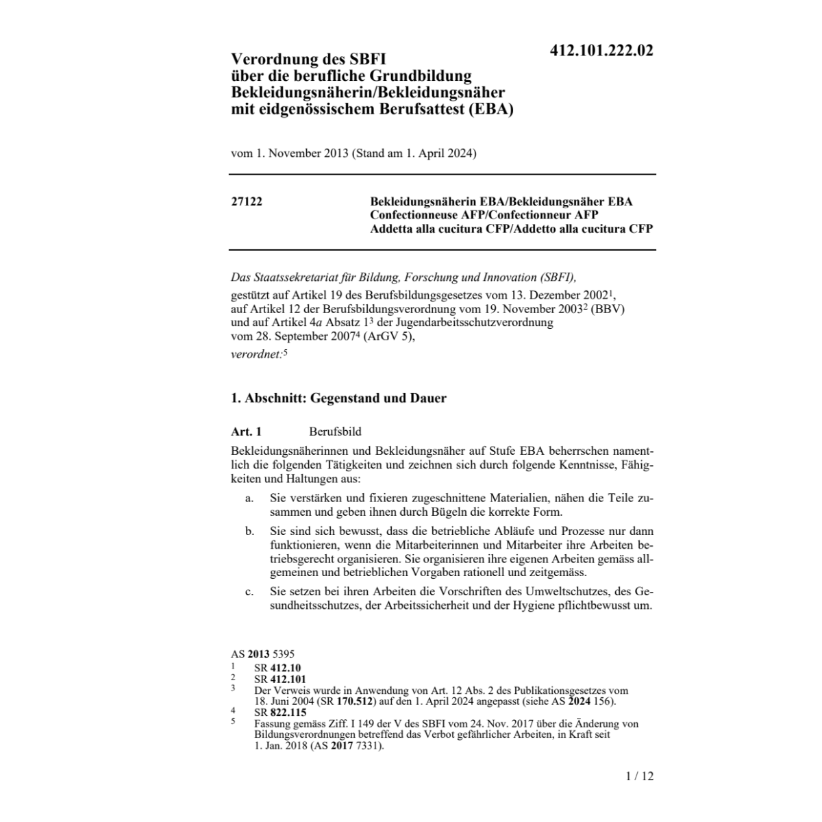 V SBFI Bekleidungsnäherin/näher EBA