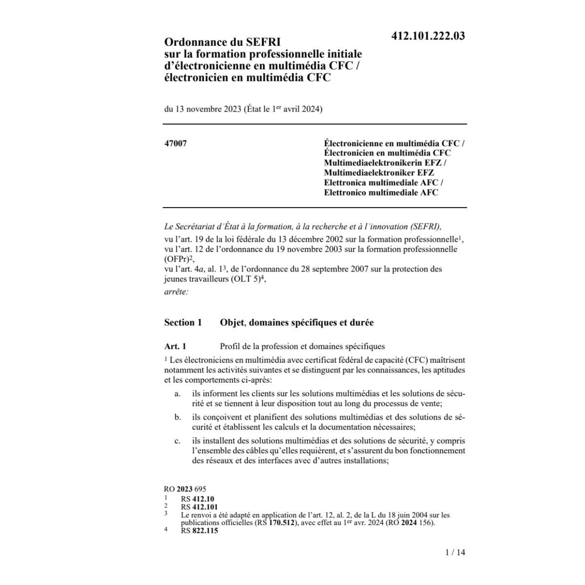 O SEFRI électronicienne/cien mult. CFC