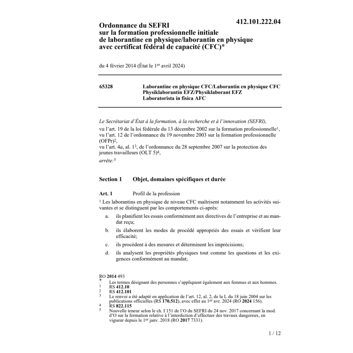 O SEFRI Laborantine/in en physique CFC