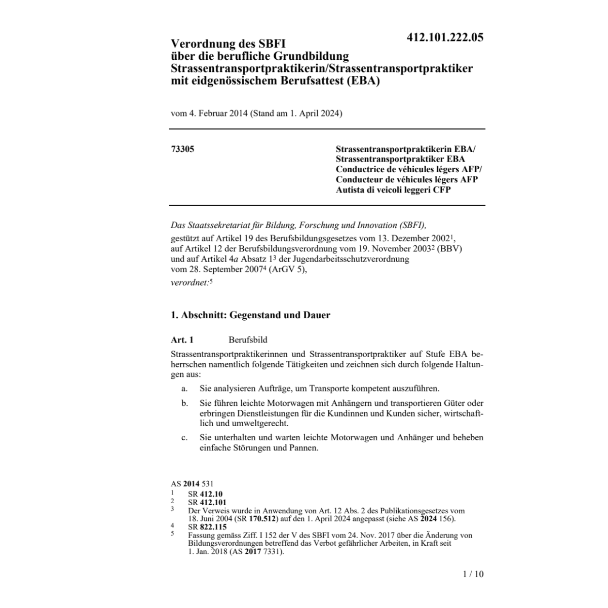 V SBFI Strassentransportpraktiker/in EBA