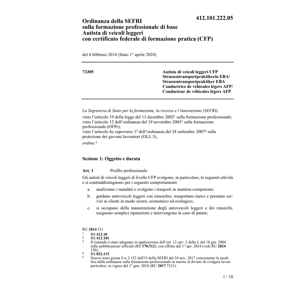 O SEFRI Autista di veicoli leggeri CFP