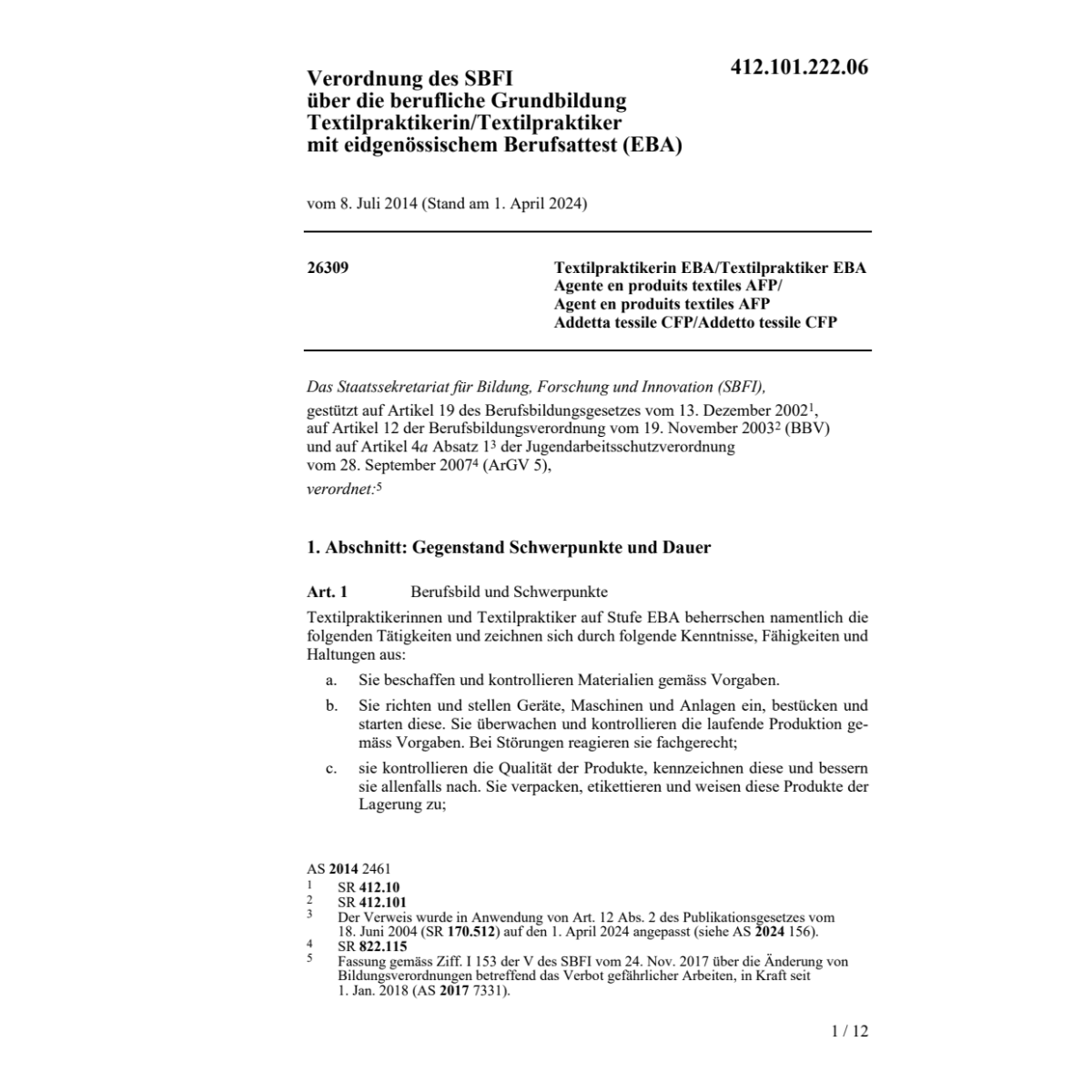 O SBFI Textilpraktiker / in  EBA