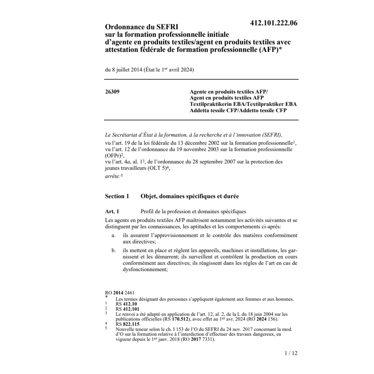 O SEFRI agent/agente produits textiles