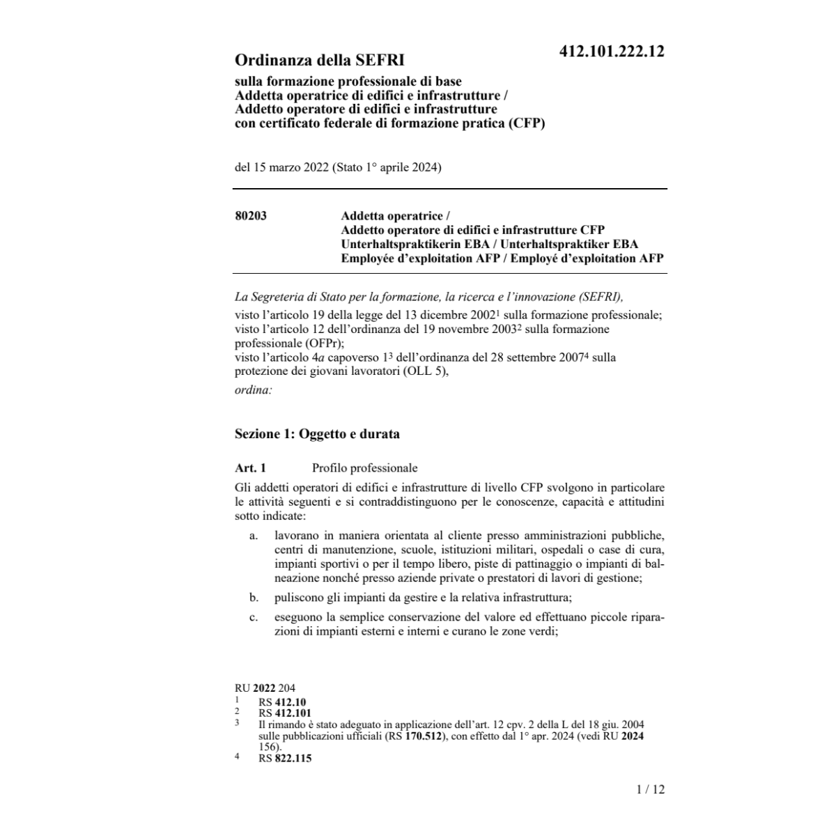 O SEFRI Addetto/ta operatore/trice CFP