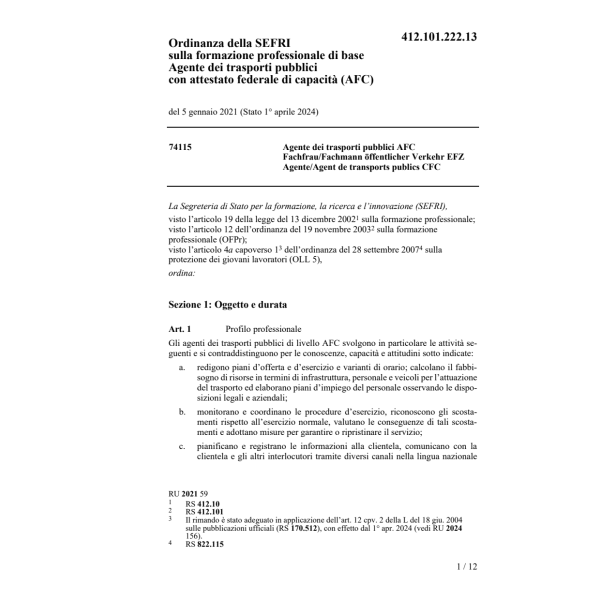 O SEFRI Agente trasporti pubblici AFC