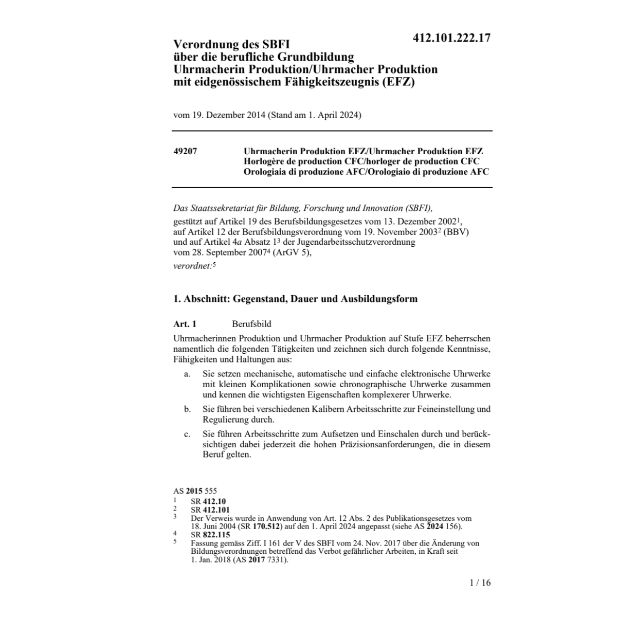 V EFZ Produktion Uhrmacherin/Uhrmacher