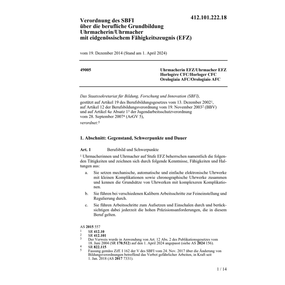 V EFZ Grundbildung Uhrmacherin/Uhrmacher