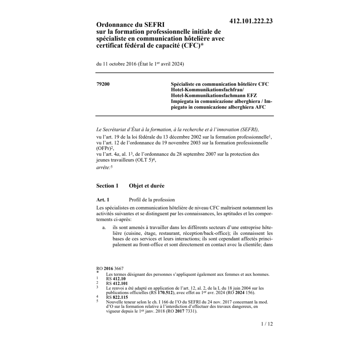 O form. prof. spécialiste commun. CFC