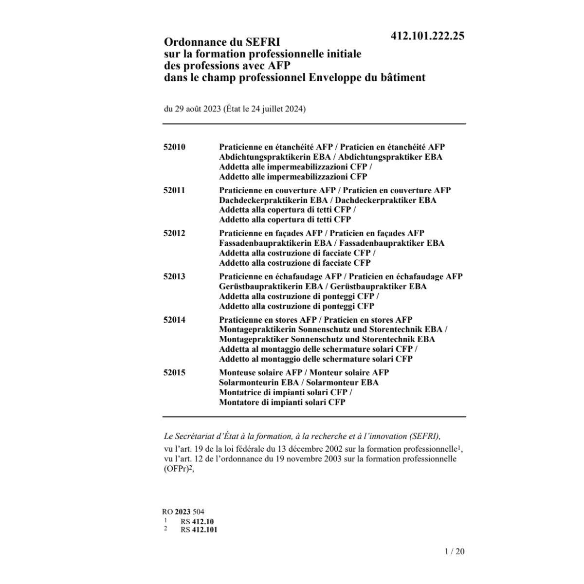 O SEFRI form prof. env. édifices AFP