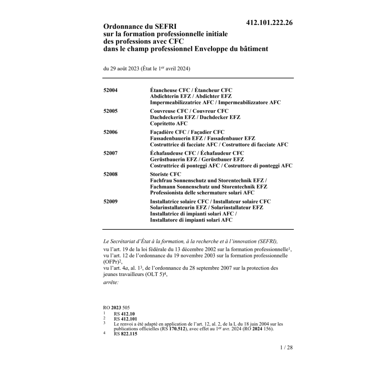 O SEFRI form. prof. envelo. édifices CFC