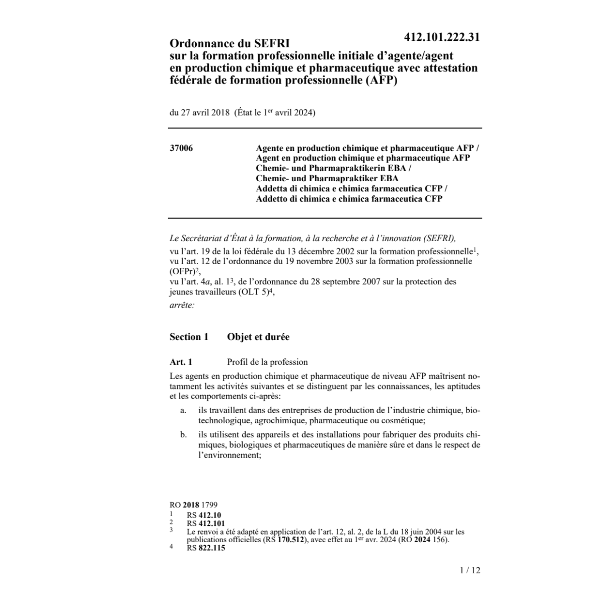 O SEFRI 27.4.18 form attestation fédéral