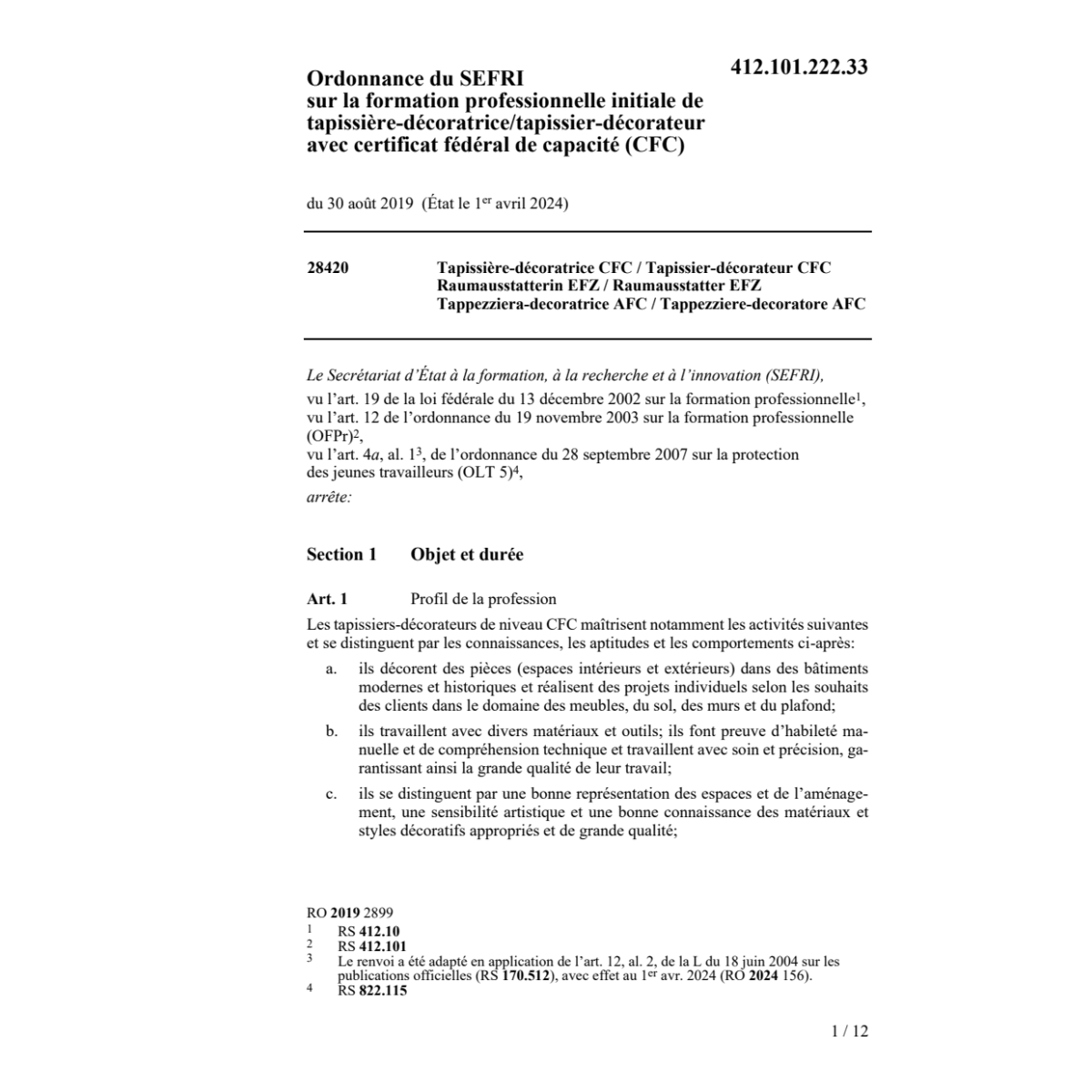 O SEFRI 30.8.19 form. tapissier-déc. CFC