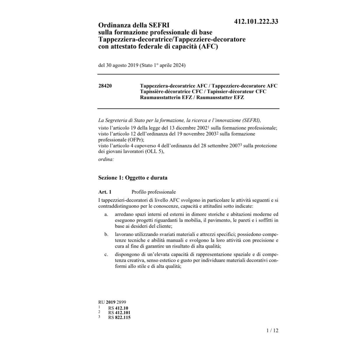 O SEFRI 30.8.19 form. tappezz.-dec. AFC