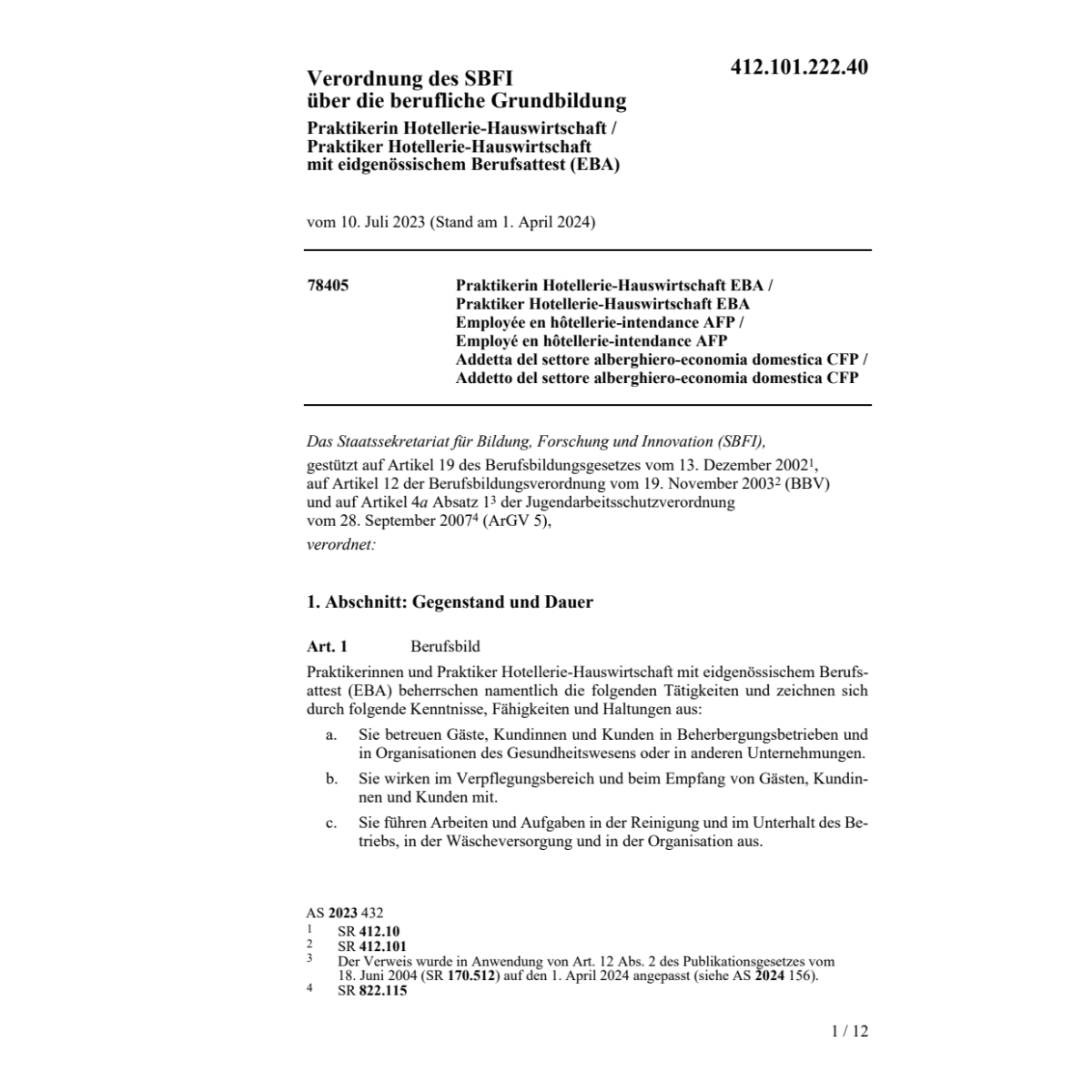 V SBFI Praktikerin/Praktiker Hotellerie