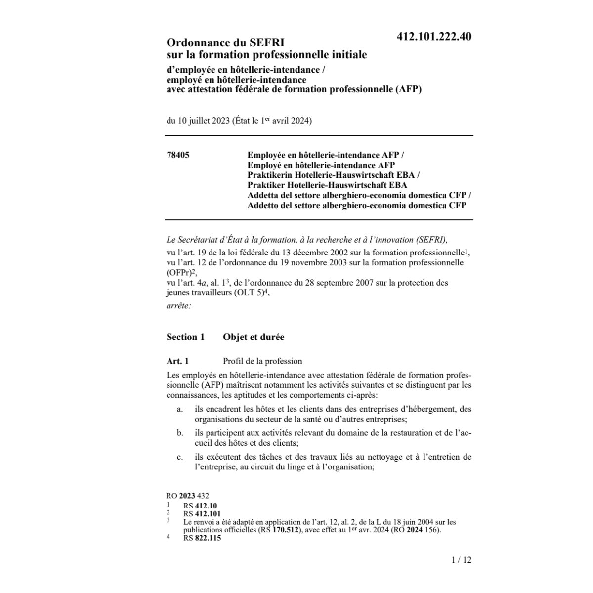 O SEFRI employée/employé en hôtellerie