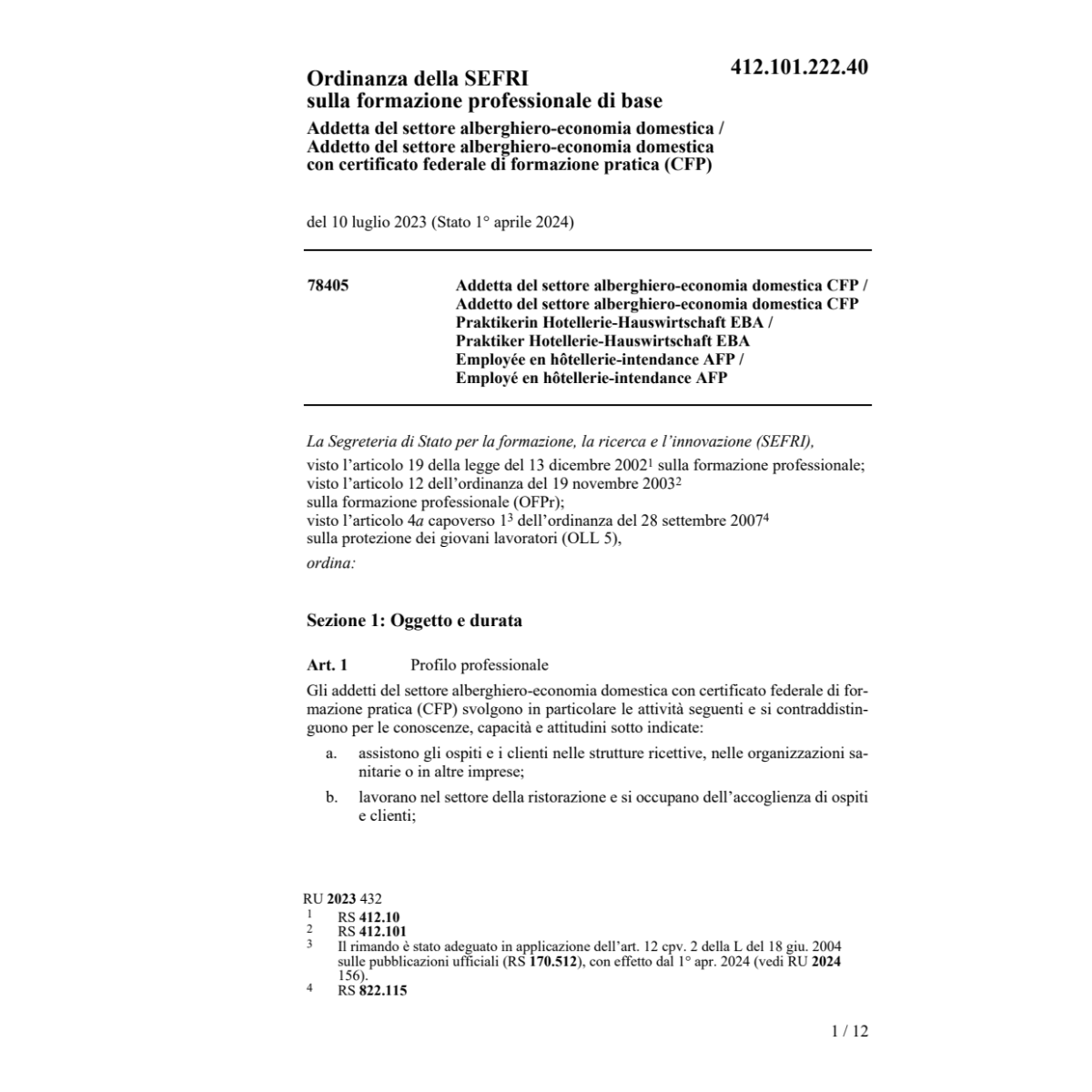 O SEFRI Addetta/Addetto alberghiero