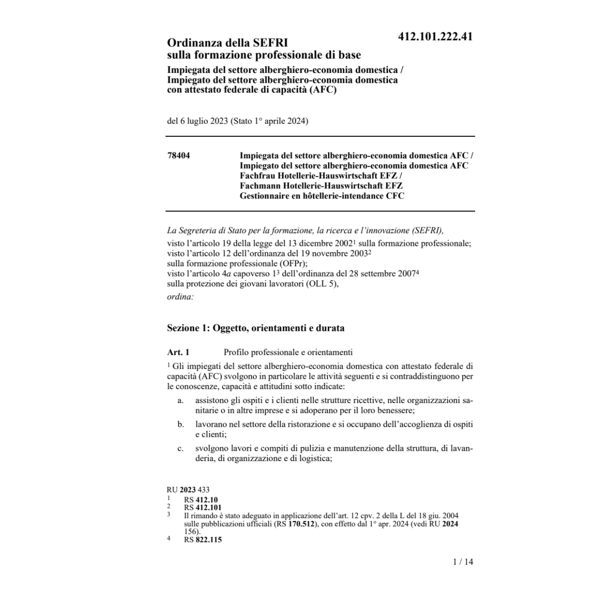 O SEFRI Impiegata/Impiegato alberghiero