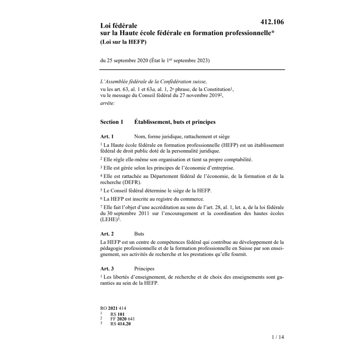 Lf 25.9.2020 Haute école féd. form. prof