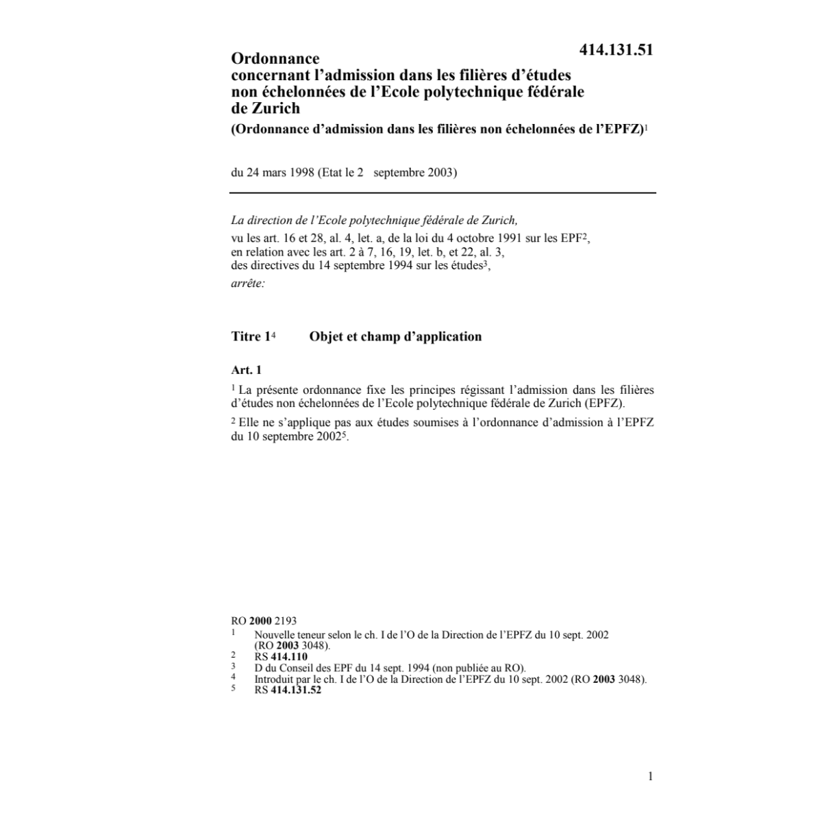 O d'admission EPFZ