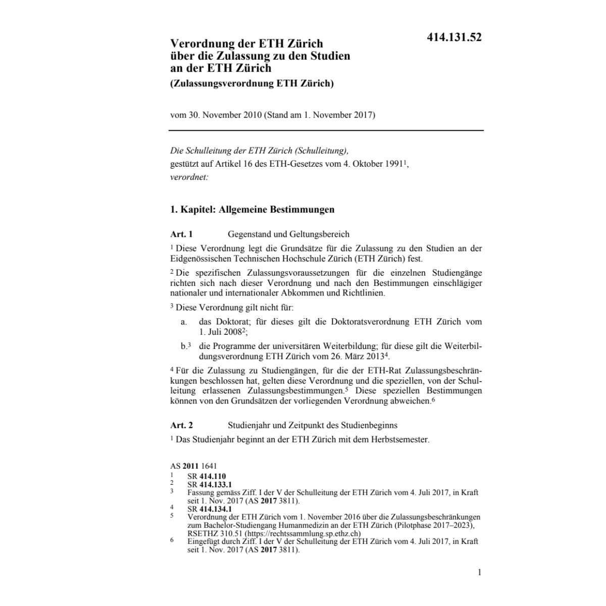 Zulassungsverordnung ETH Zürich