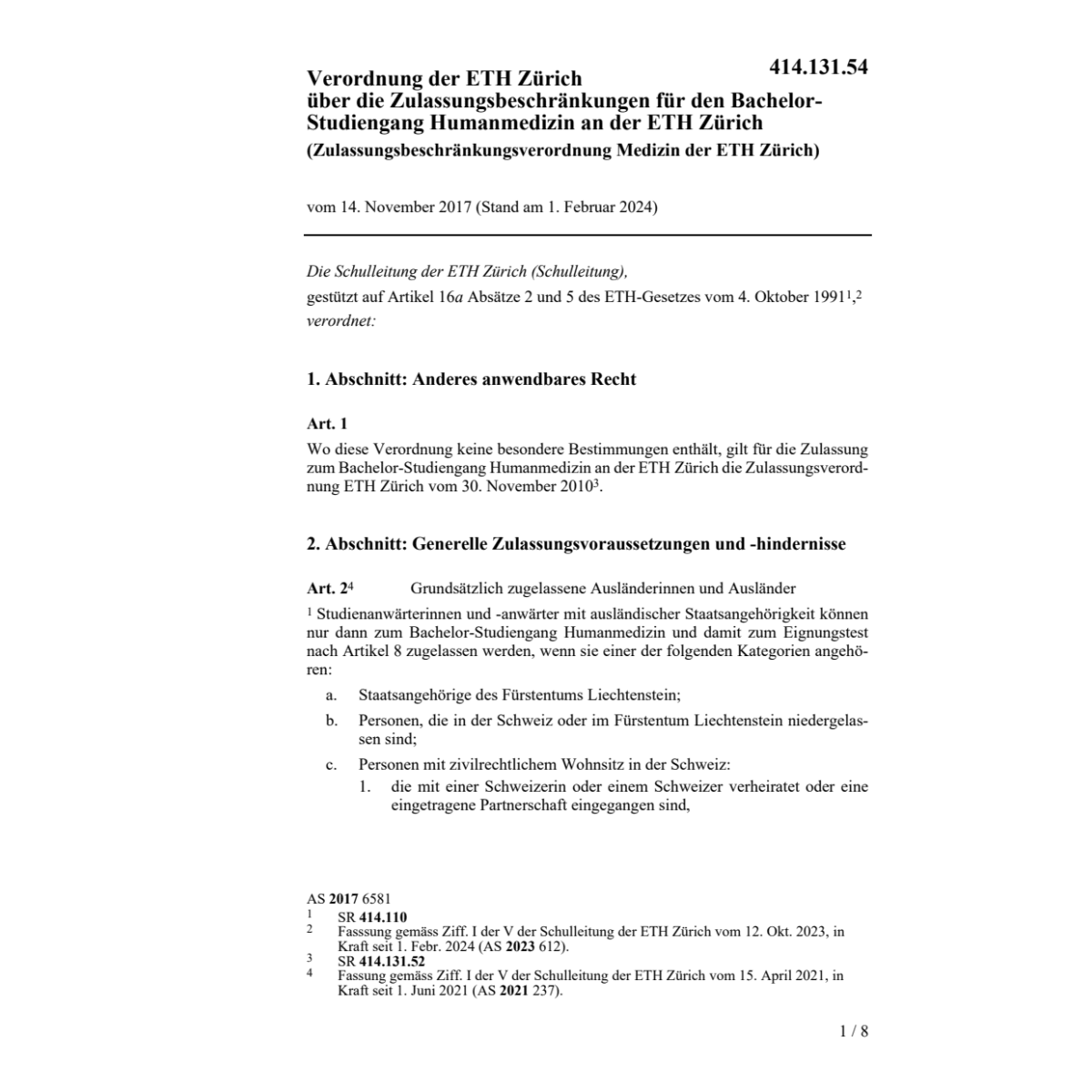 V Zulassungsbeschränkung Humanmed. ETH