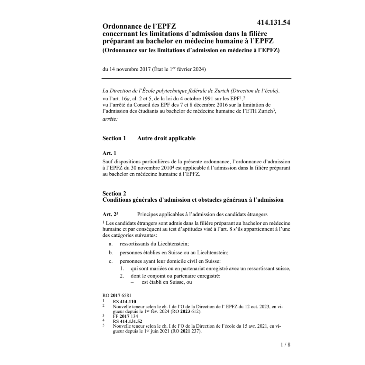 O limitations admission médecine EPFZ