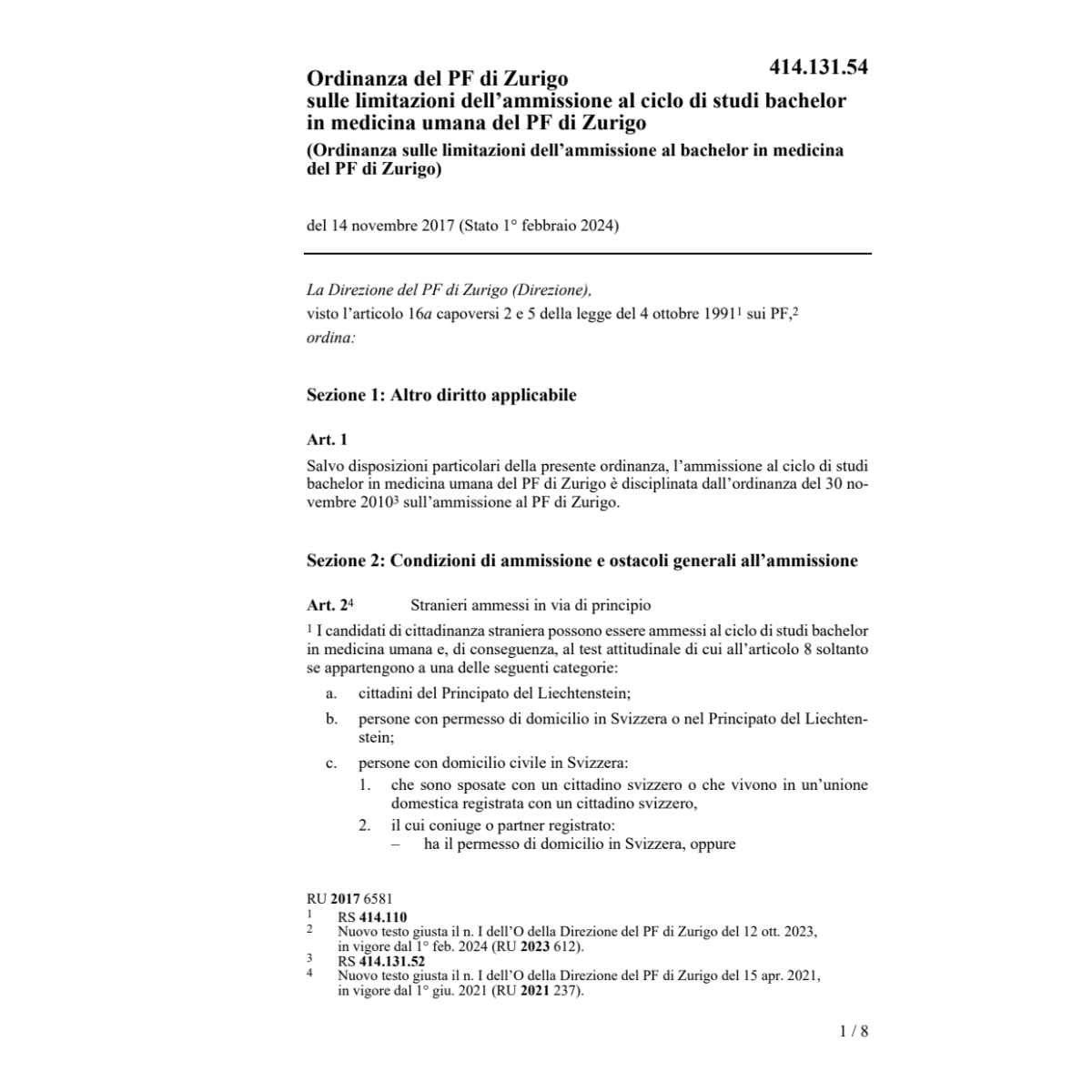 O limita. ammissione medicina PF Zurigo