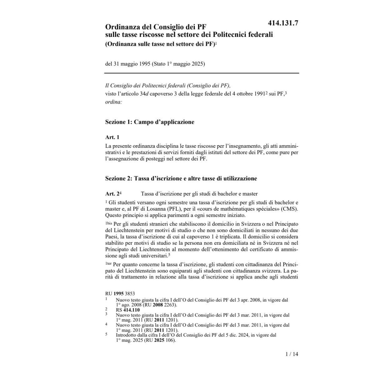 O tasse riscosse PF Politecnici federale