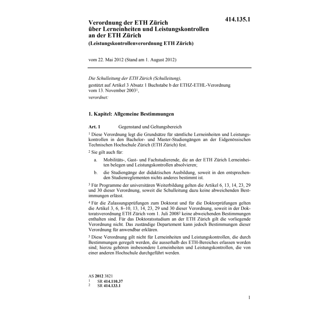 Leistungskontrollenverordnung ETH Zürich