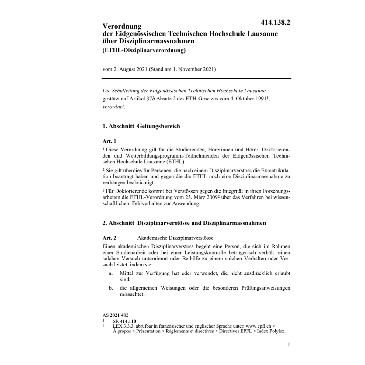 V Disziplinarwesen ETH, Lausanne ETHL