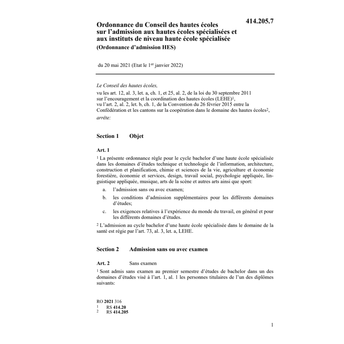 O d'amission HES 20.5.2021