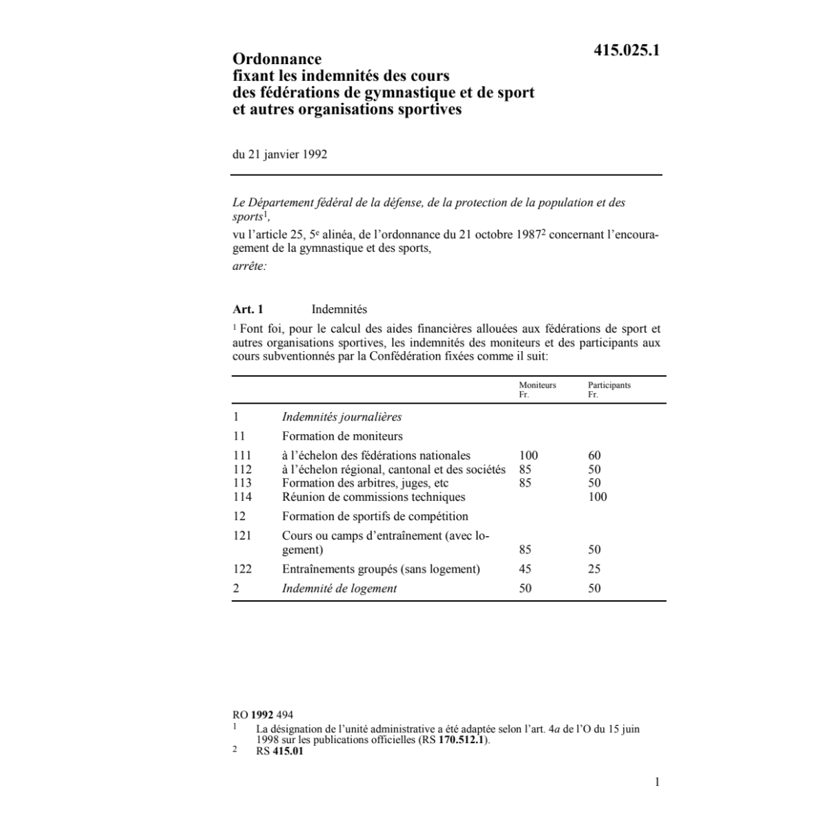 O indemnités cours gymnastique