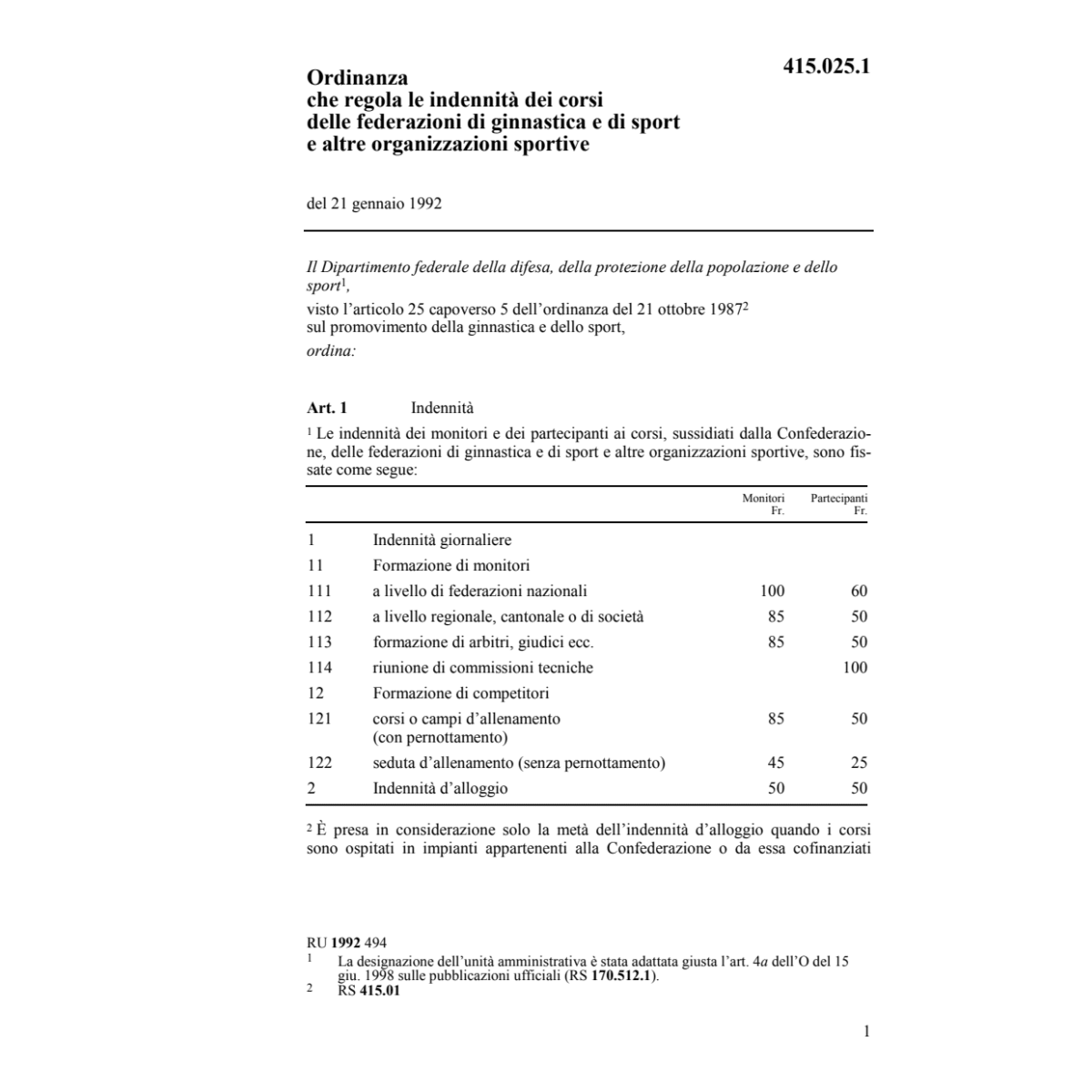 O indennità corsi ginnastica