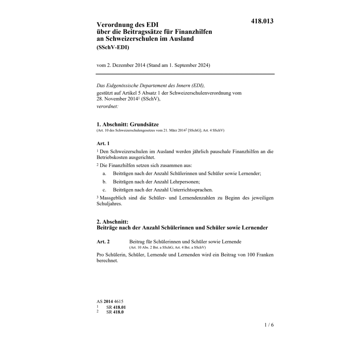V Finanzhilf. Schweizerschulen SSchV-EDI